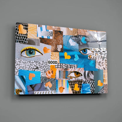 Stunning Patchwork Face Glass Wall Art with Bold Vibrant Eyes | Glass Wall Art Print | vintageantiquesgifts.com