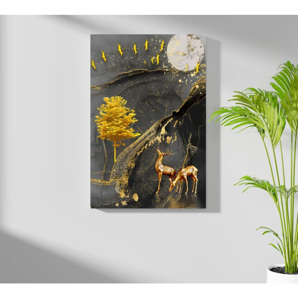 Golden deer moonlight insigne aluminum print with abstract black gold landscape