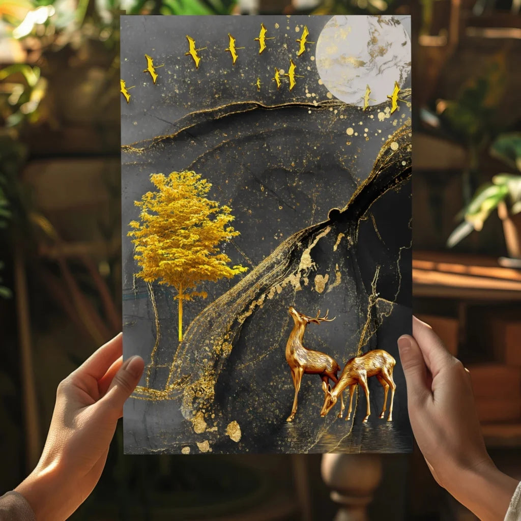 Golden deer moonlight insigne aluminum print with yellow tree and birds