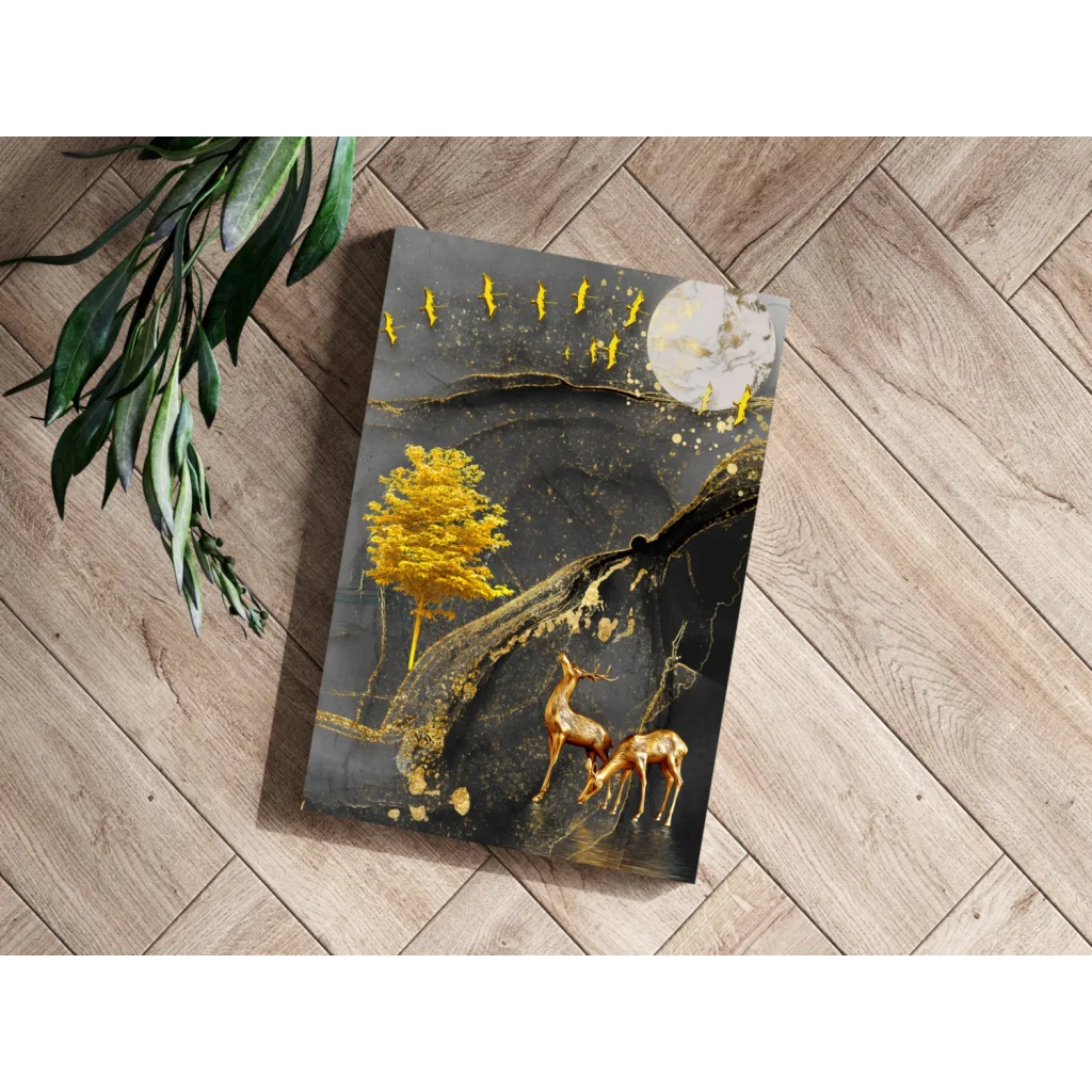 Golden deer moonlight insigne aluminum print with abstract black gold landscape
