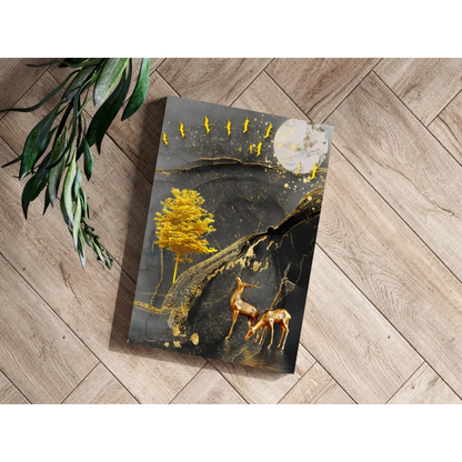 Golden deer moonlight insigne aluminum print with abstract black gold landscape