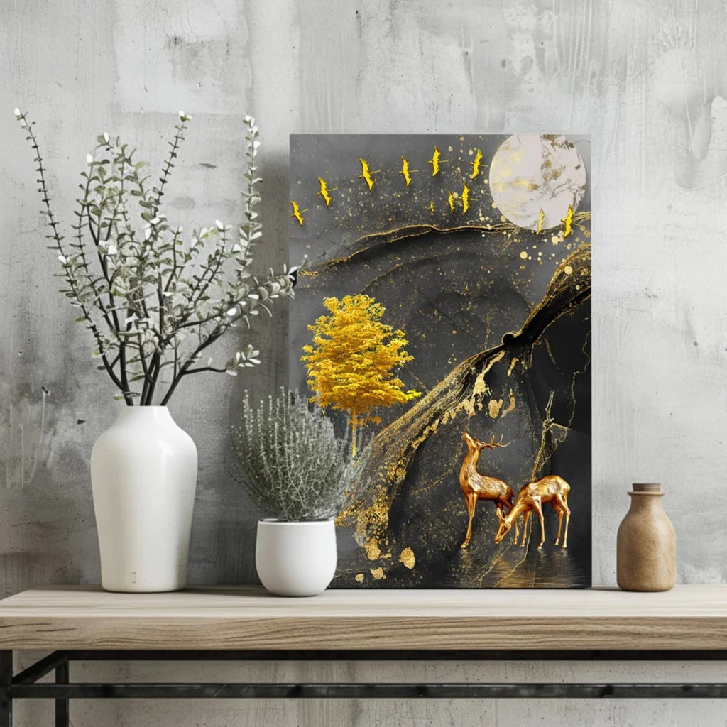 Golden deer moonlight insigne aluminum print with black gold abstract landscape
