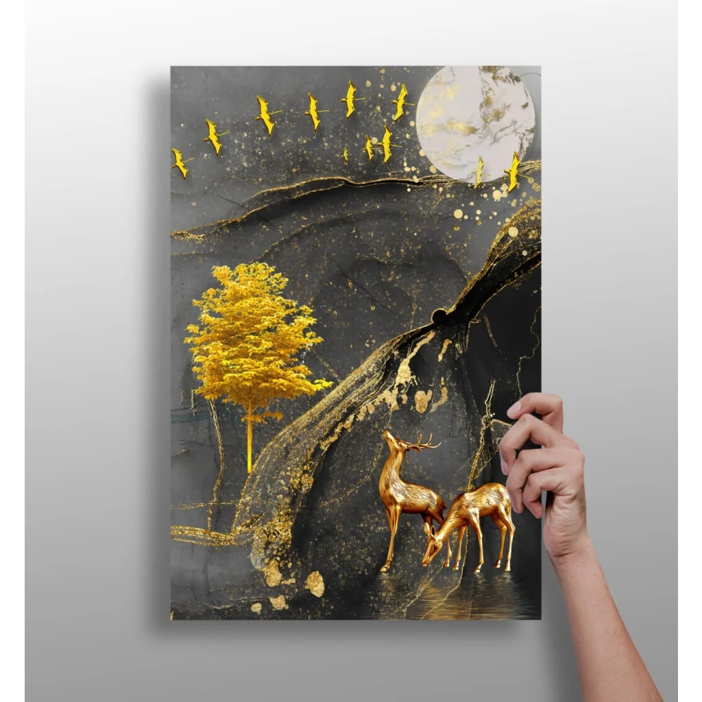 Golden deer on insigne aluminum prints with yellow tree and birds