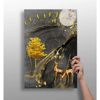 Golden deer on insigne aluminum prints with yellow tree and birds