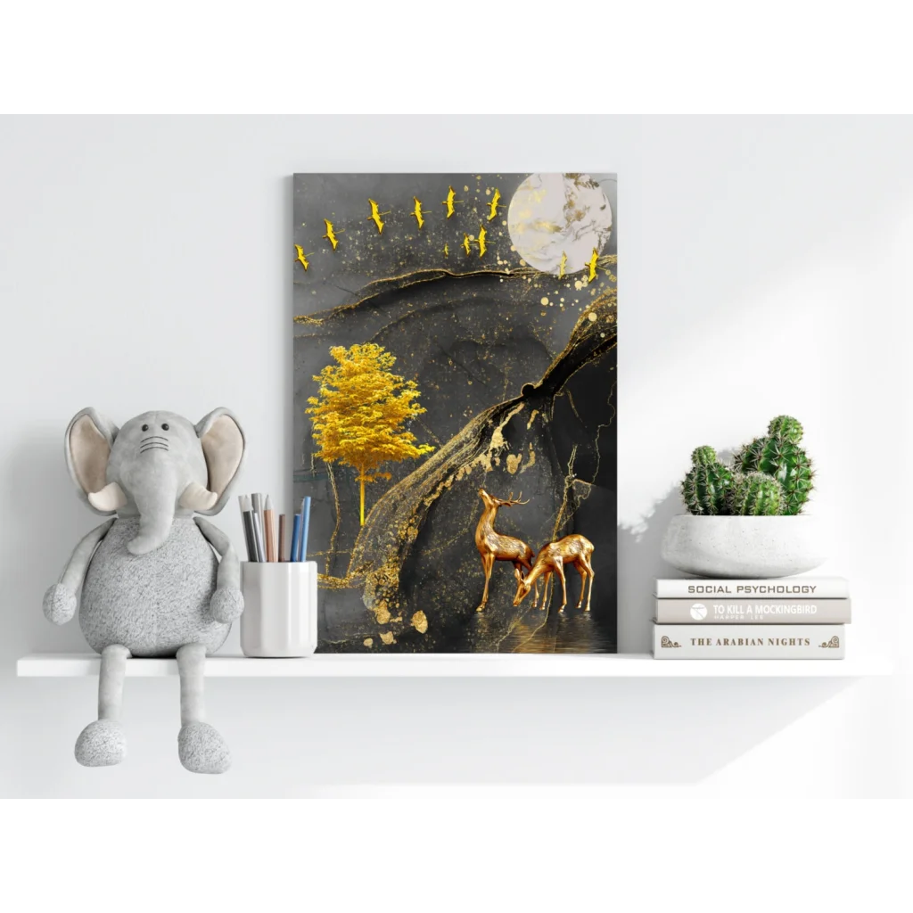 Golden deer moonlight insigne aluminum print abstract art
