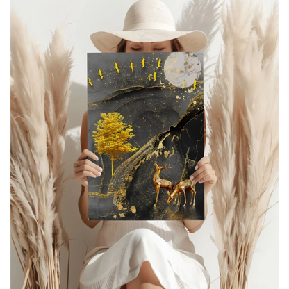 Golden deer moonlight insigne aluminum print with black marble and gold accents