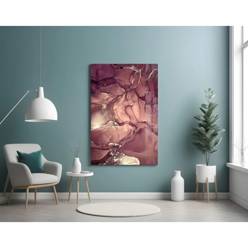 Abstract depth glass wall art in mauve, rose gold, and cream marbled design