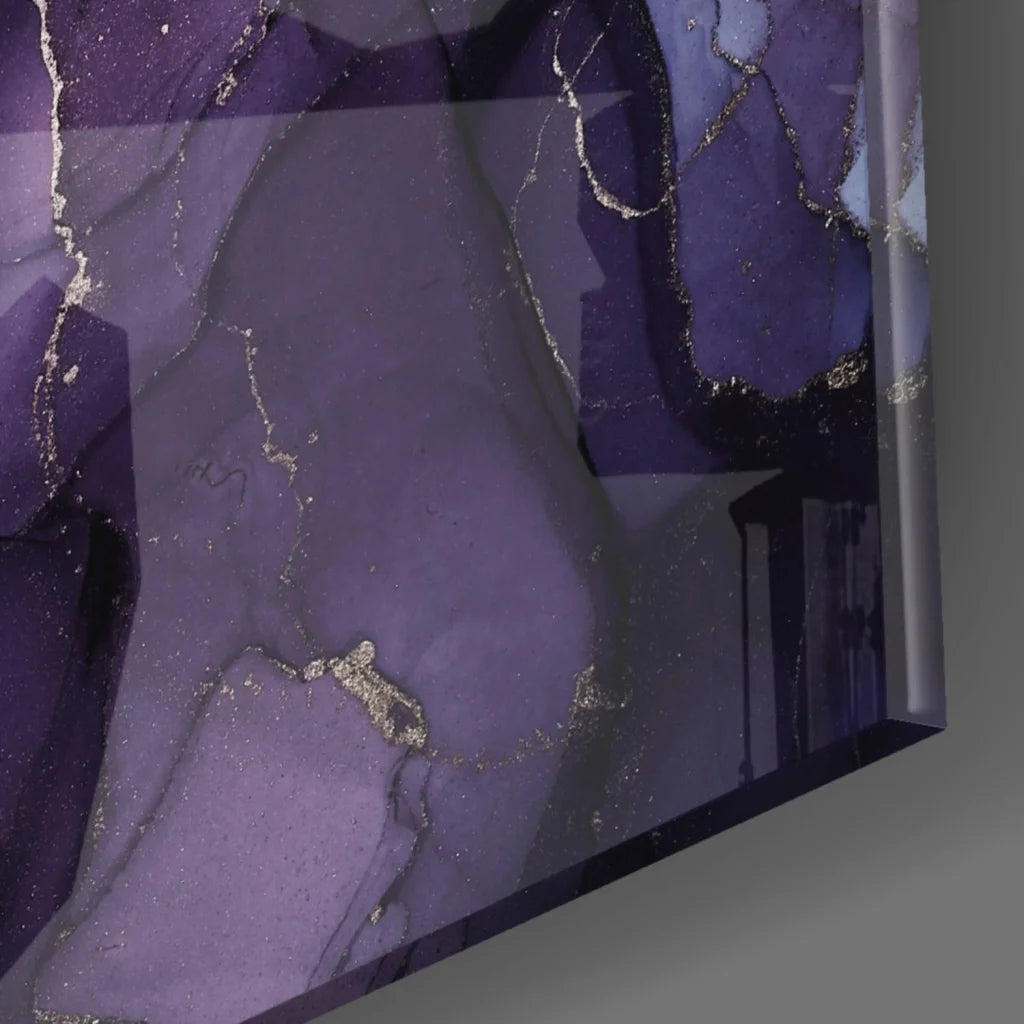 Stunning purple gold glass wall art with glossy swirls