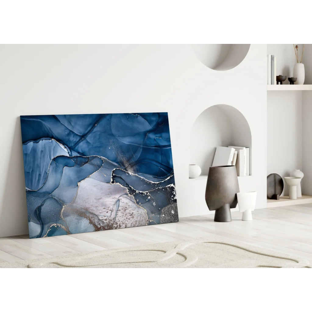 Stunning blue silver swirl glass wall art canvas with abstract swirls