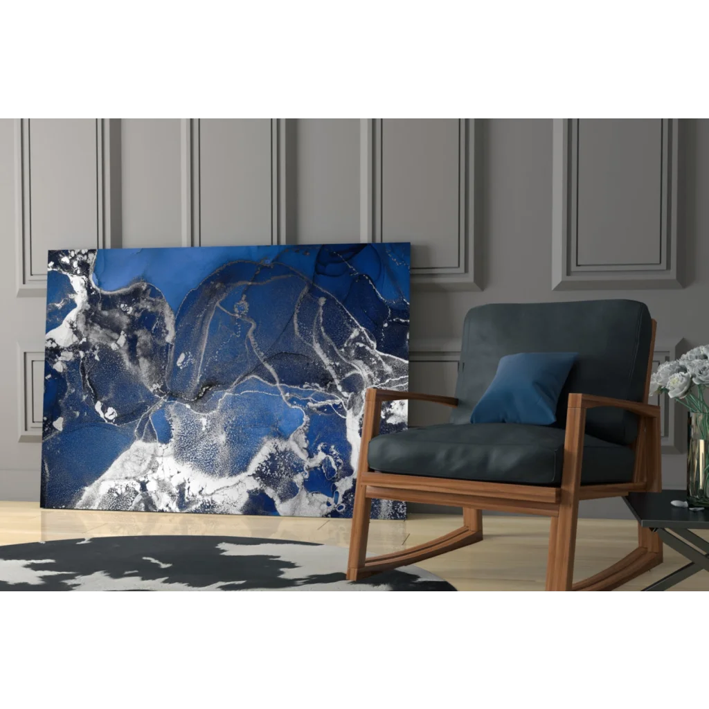 Stunning blue marble swirl glass wall art canvas with flowing patterns