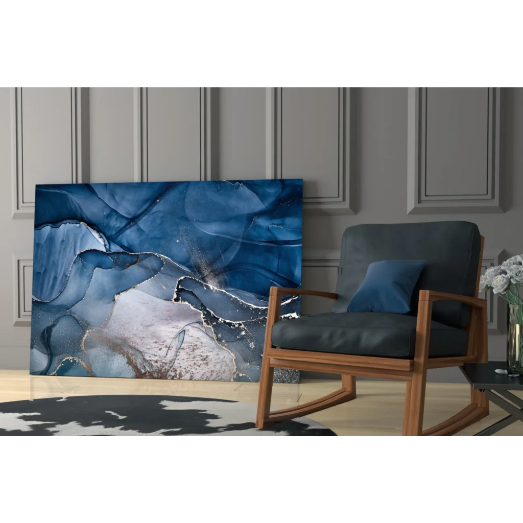 Stunning blue silver swirl glass wall art canvas with marbled texture