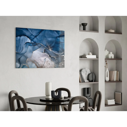 Stunning blue silver swirl glass wall art canvas with marbled patterns