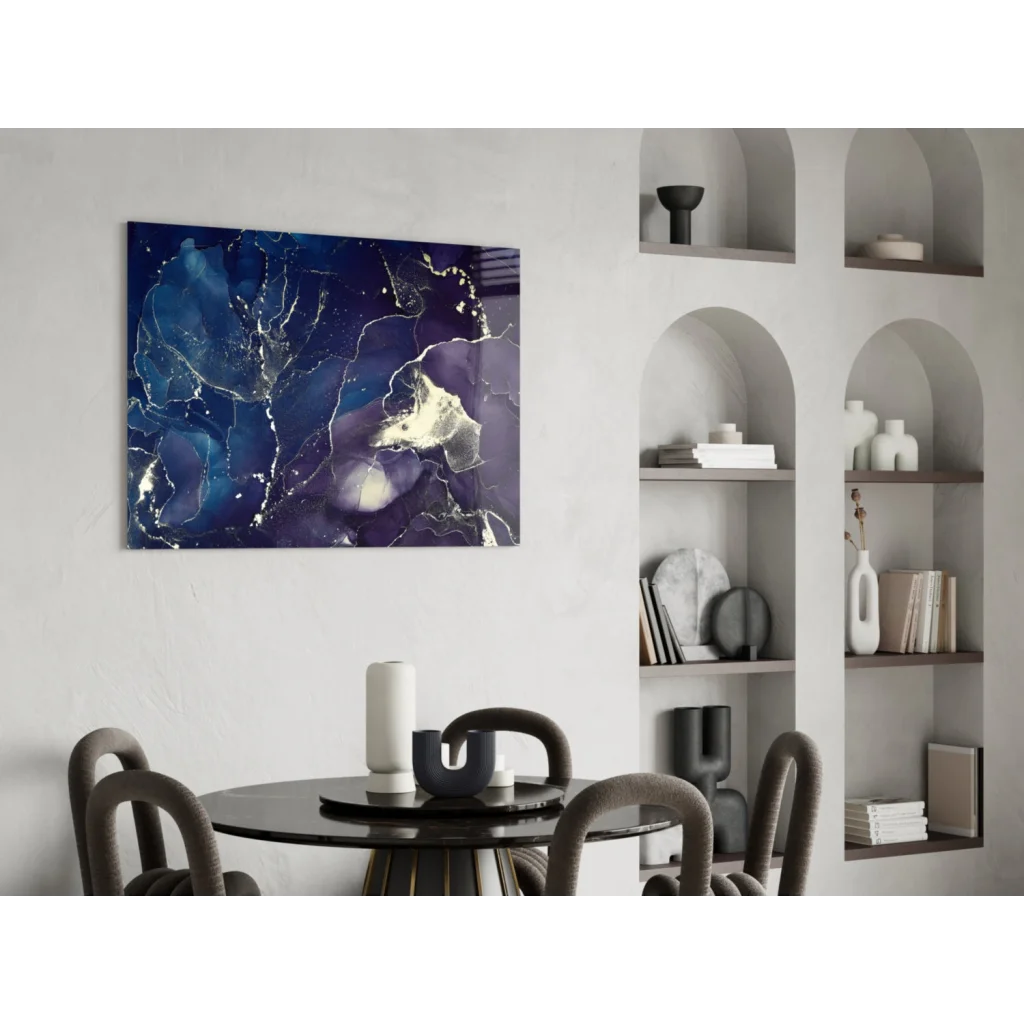 Stunning deep blue gold marble glass wall art canvas with abstract marbled design in blues, purples, and gold accents
