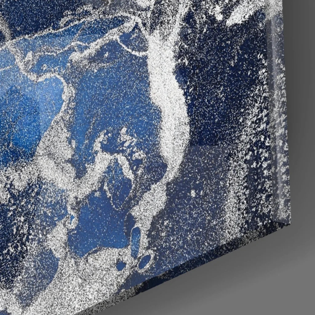 Stunning blue marble swirl glass wall art with textured marbled design