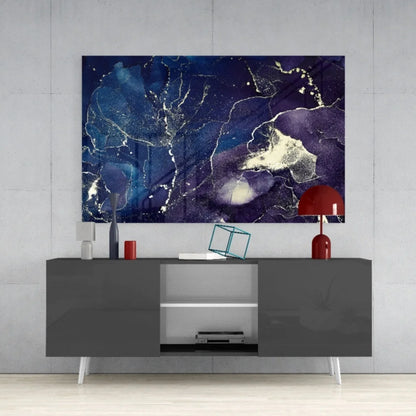 Stunning deep blue gold marble glass wall art canvas with swirling purples