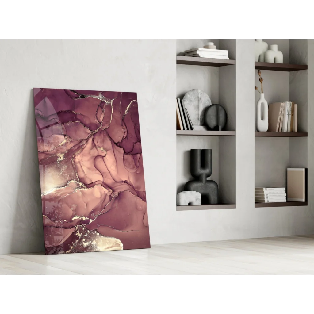 Stunning abstract depth glass wall art in mauve rose gold marbled design