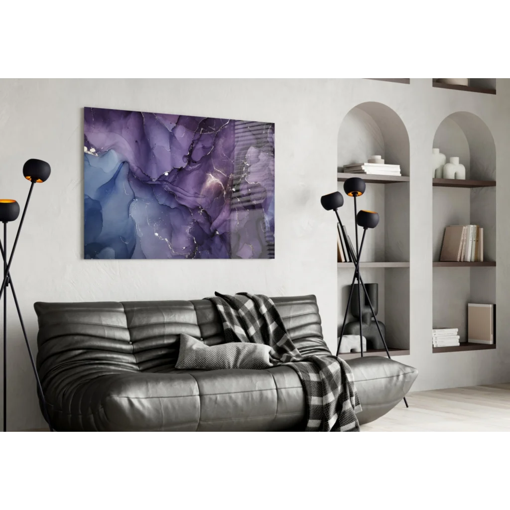 Stunning Purple Blue Glass Wall Art with Gold Swirls | Contemporary Home Wall Art | vintageantiquesgifts.com
