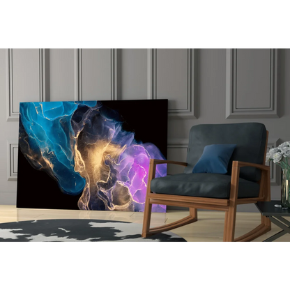 Vibrant cosmic swirl glass wall art in blue purple and gold