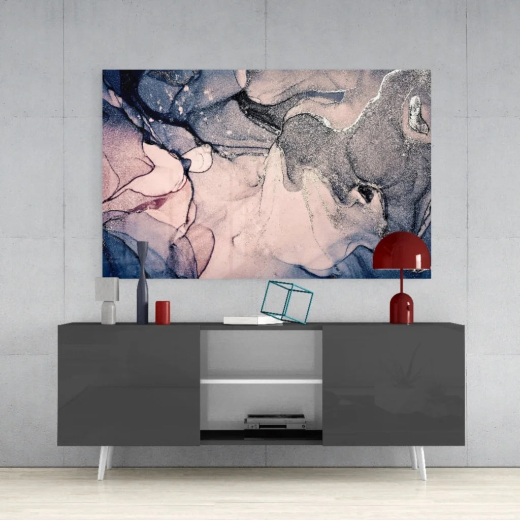 Abstract glass wall art with swirling pink, blue, and silver patterns