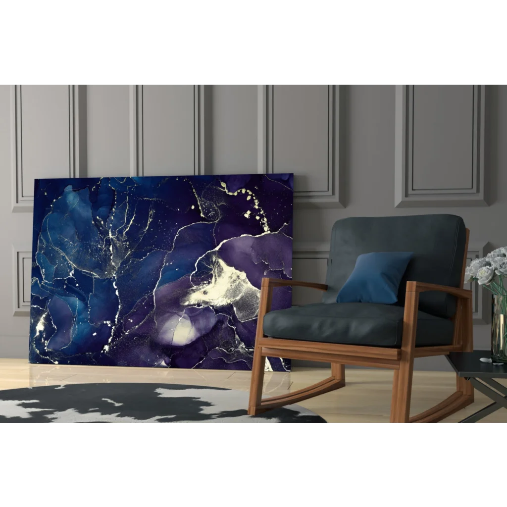 Stunning navy purple abstract glass wall art canvas with gold veining on paneled wall