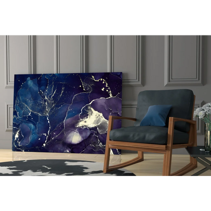 Stunning navy purple abstract glass wall art canvas with gold veining on paneled wall