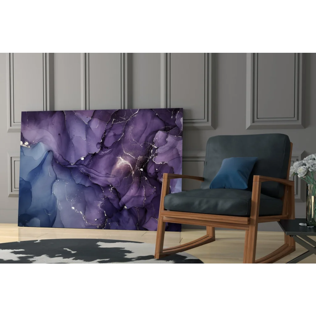 Stunning purple blue glass wall art with gold swirls and marbled metallic texture