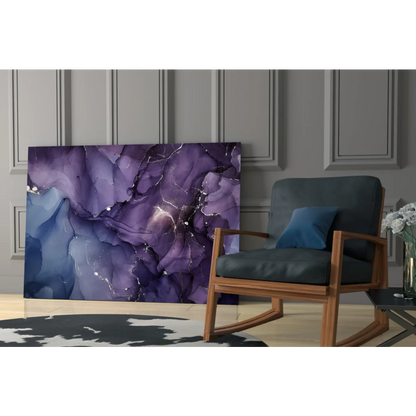 Stunning purple blue glass wall art with gold swirls and marbled metallic texture