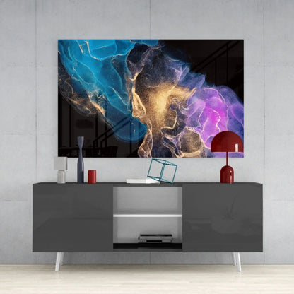 Vibrant cosmic swirl glass wall art in blue purple and gold