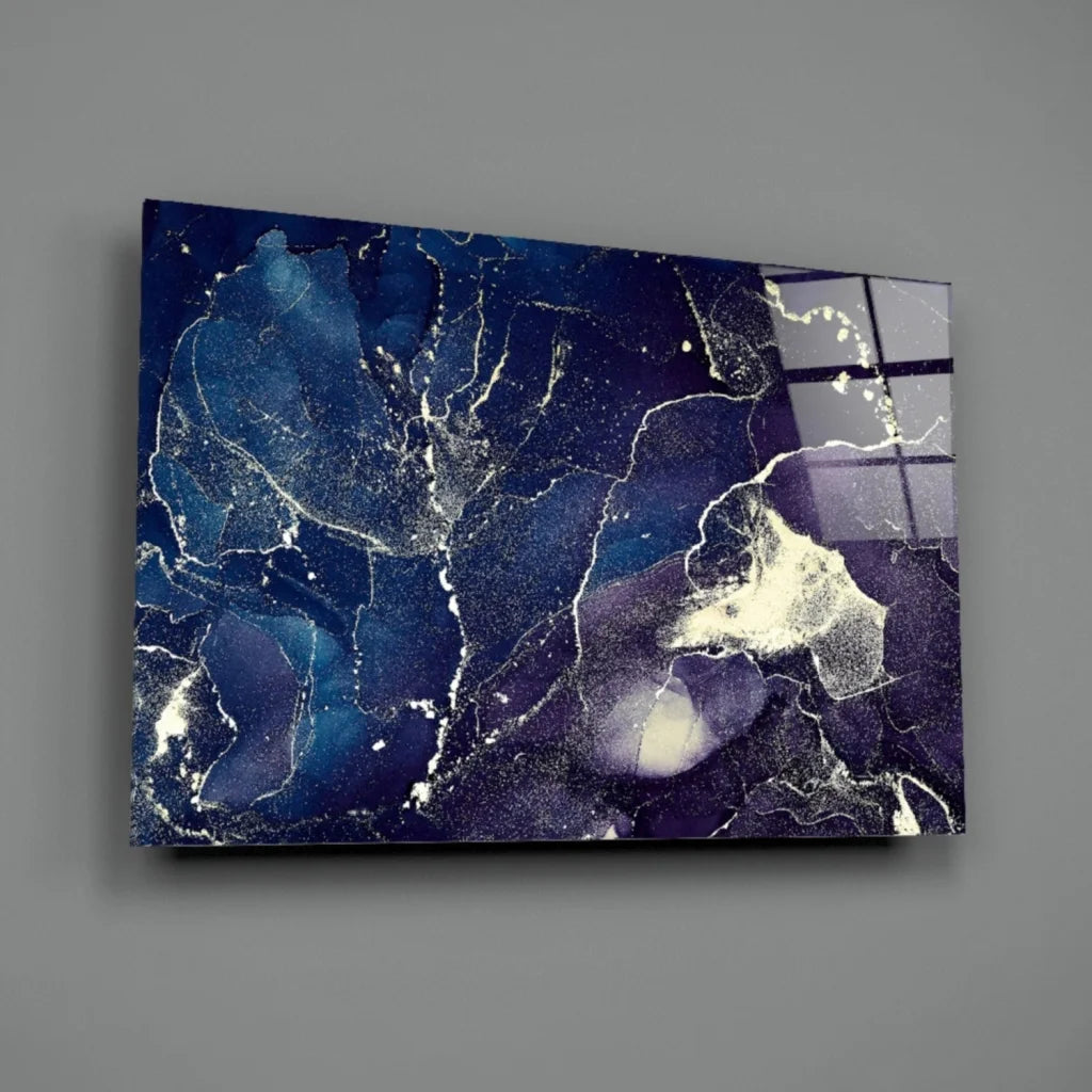 Stunning deep blue gold marble glass wall art canvas with purple abstract veining