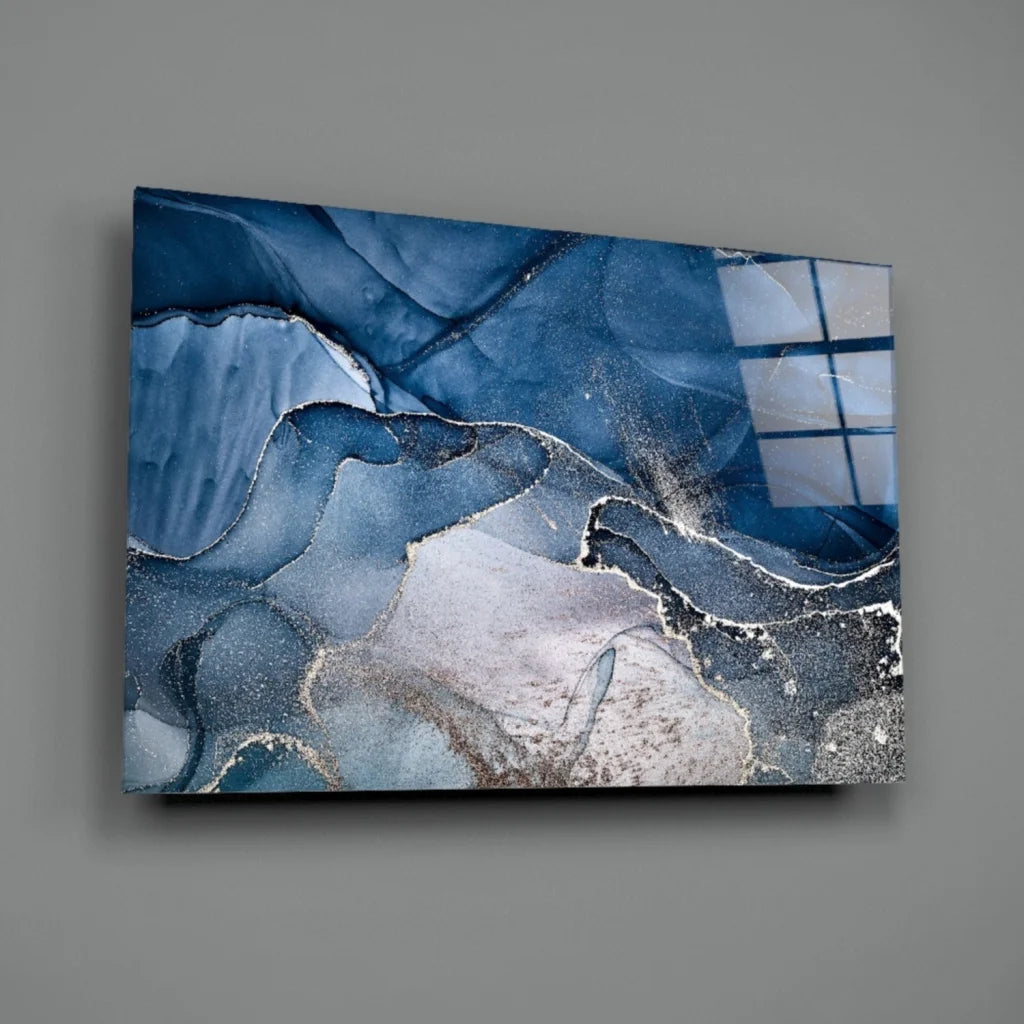 Stunning blue silver swirl glass wall art canvas with marbled patterns