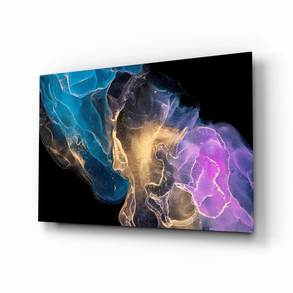 Cosmic swirl glass wall art in vibrant blues purples golds