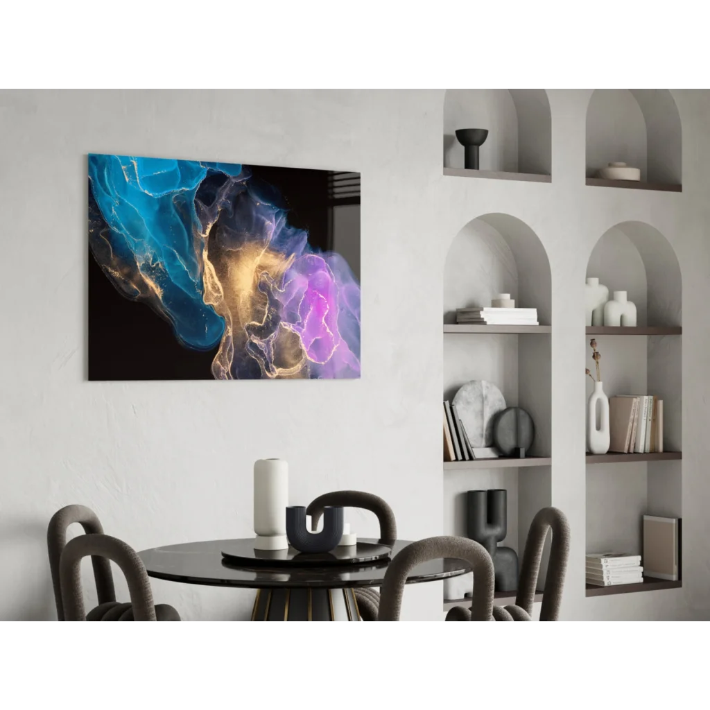 Vibrant cosmic swirl glass wall art in blue purple and gold