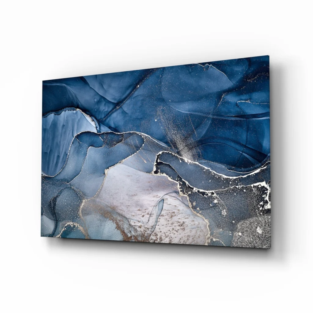 Stunning blue silver swirl glass wall art canvas with marbled patterns