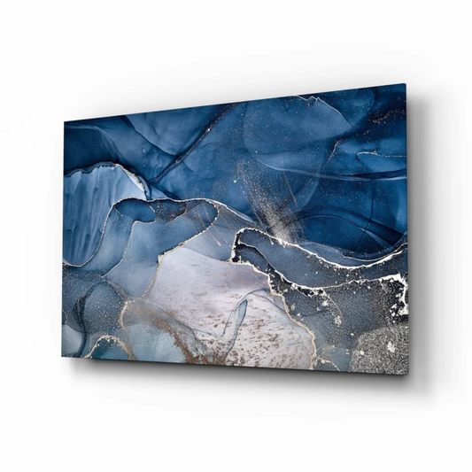 Stunning blue silver swirl glass wall art canvas with marbled patterns