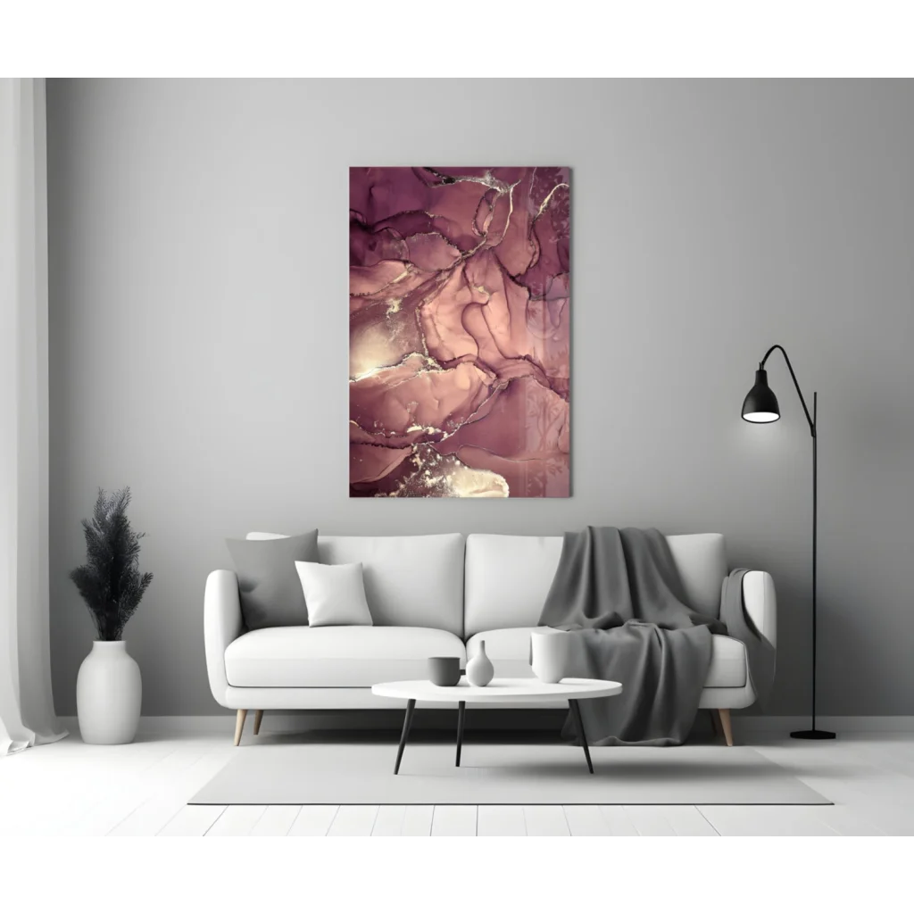 Stunning abstract depth glass wall art in mauve and rose gold marbled design