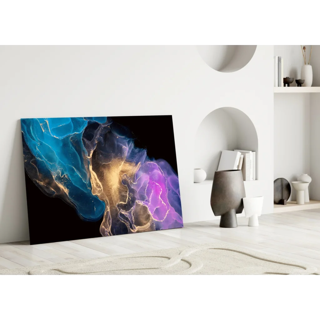 Vibrant cosmic swirl glass wall art in blue, purple, and gold