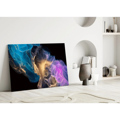 Vibrant cosmic swirl glass wall art in blue, purple, and gold