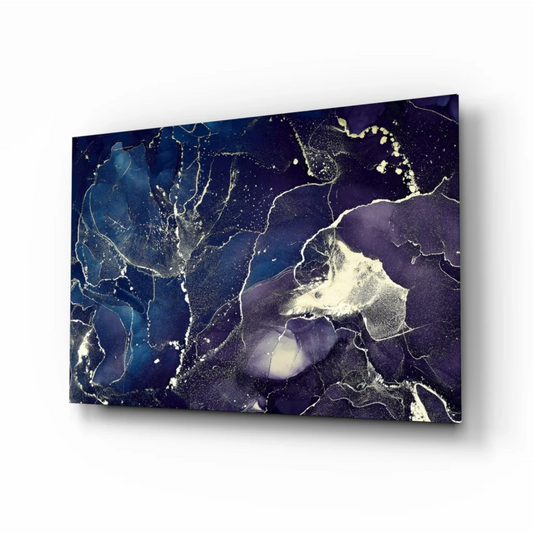 Stunning deep blue gold marble glass wall art canvas with navy purple hues