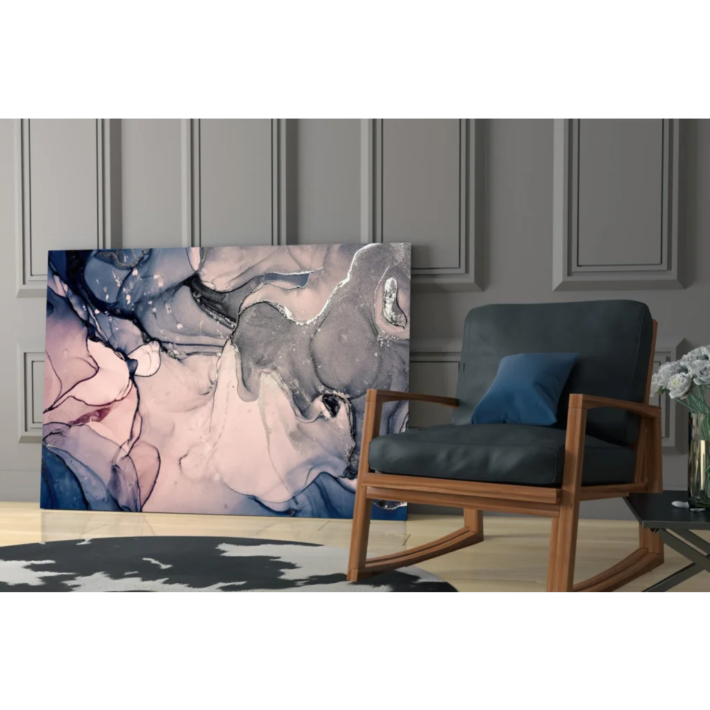Stunning abstract glass wall art with blue, pink, gray swirls and metallic accents