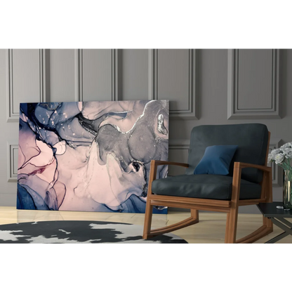 Stunning abstract glass wall art with blue, pink, gray swirls and metallic accents