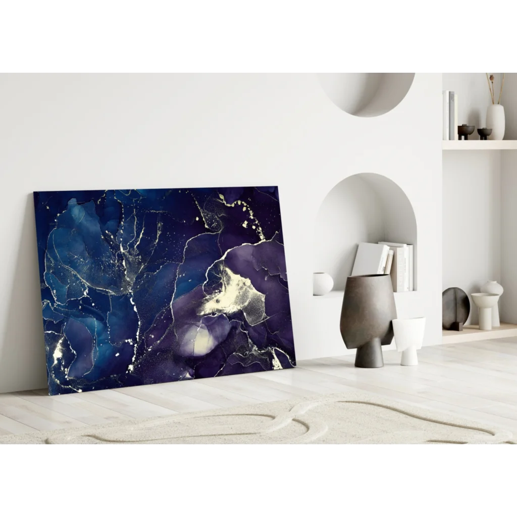 Stunning deep blue gold marble glass wall art canvas with fluid patterns
