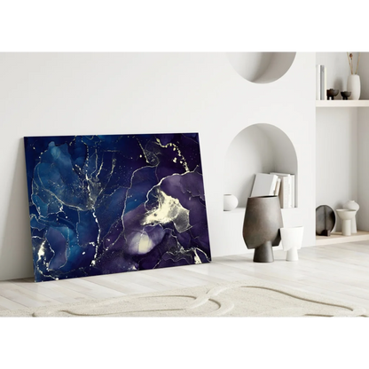 Stunning deep blue gold marble glass wall art canvas with fluid patterns