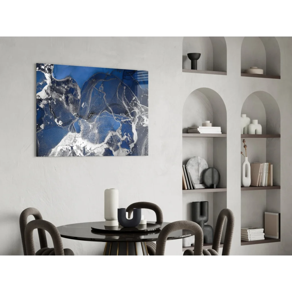 Stunning blue marble swirl glass wall art canvas with flowing patterns