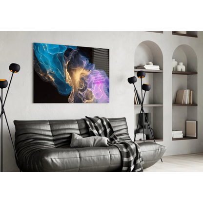 Vibrant cosmic swirl glass wall art in blue, purple, and gold