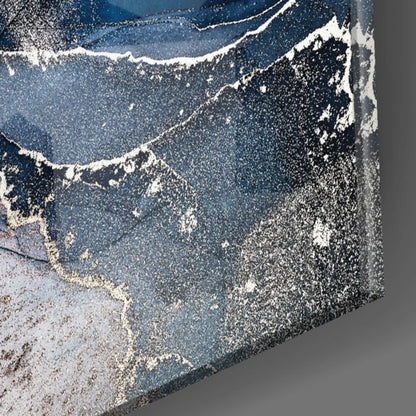 Stunning blue silver swirl glass wall art with navy and silver patterns