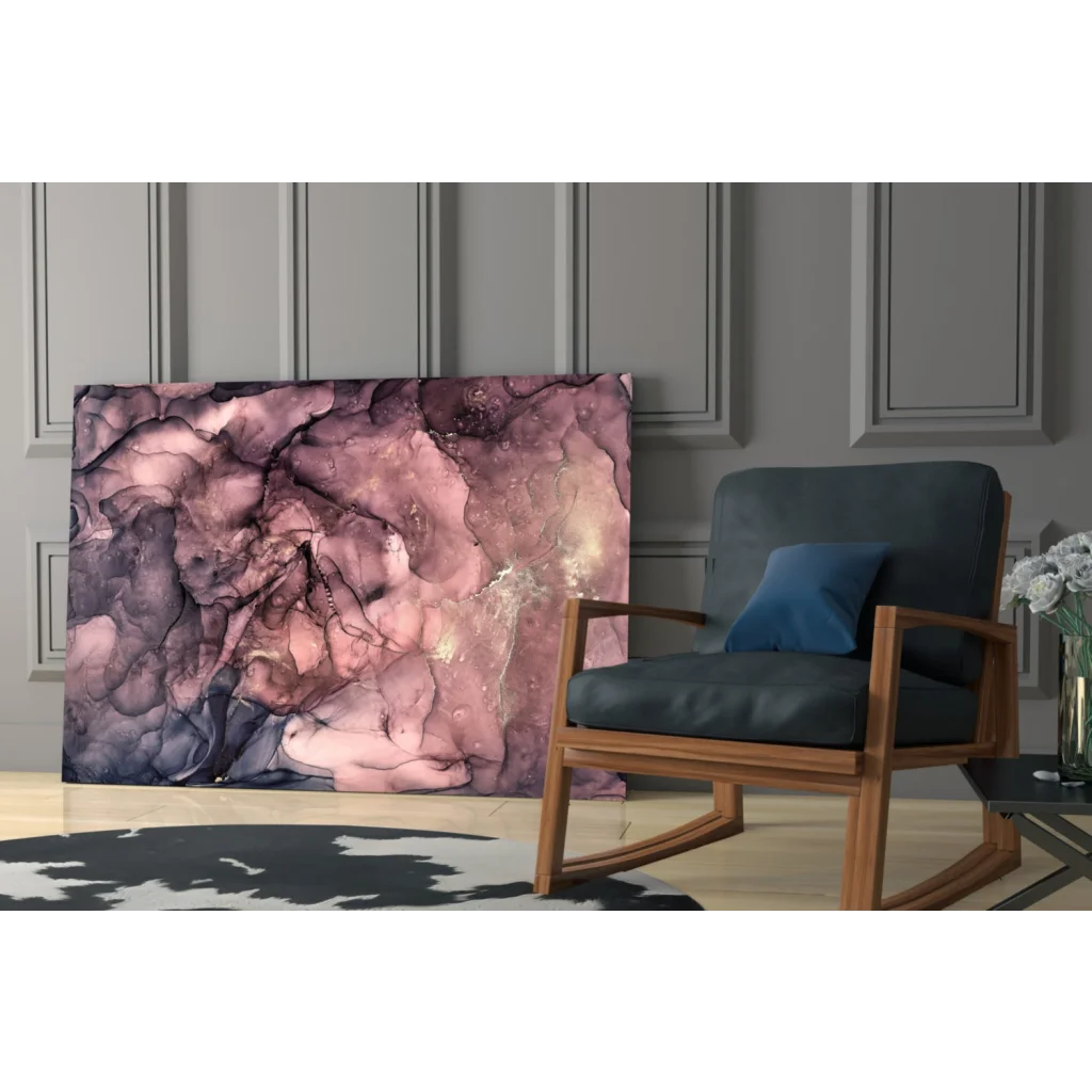 Swirling purple rose gold abstract canvas wall art with mauve gradients