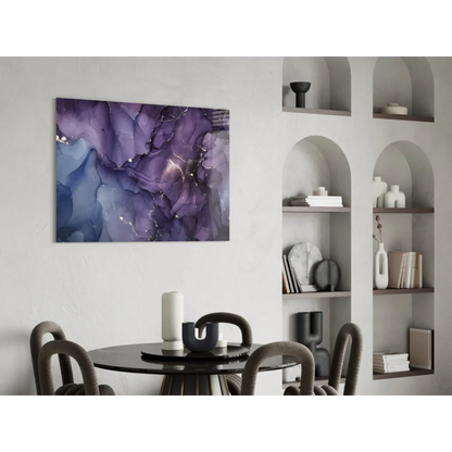 Stunning purple blue glass wall art with gold swirls on canvas