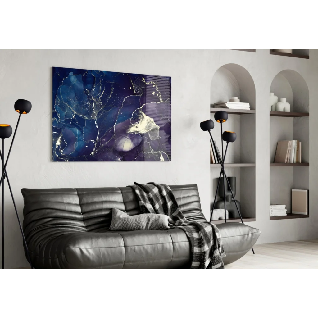Stunning deep blue gold marble glass wall art canvas with navy purple hues and gold veining