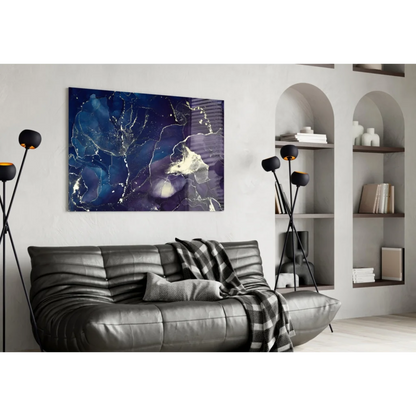 Stunning deep blue gold marble glass wall art canvas with navy purple hues and gold veining