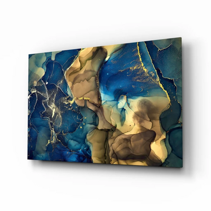 Swirling blue gold abstract canvas wall art with metallic shine